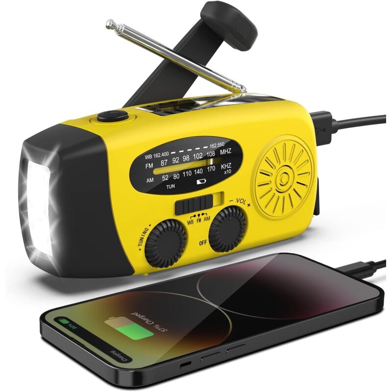 APEX Radio météo solaire d'urgence à manivelle, avec lampe torche LED et fonction AM/FM solaire.