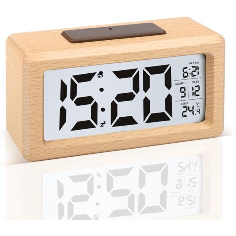APEX Réveil Numérique en Bois LCD Horloge Digitale sans Tic-tac avec Affichage Date Température Réveil à Piles avec Fonction Snooze