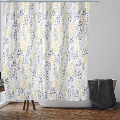 APEX Rideau de douche à motifs de feuilles grises et jaunes, anti-moisissures et résistant à la rouille  Dimensions : 28 x 18 x 5 cm  Tissu déperlant  100 % polyester