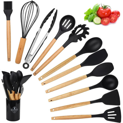 APEX Ustensiles de Cuisine en Silicone, 12 PCS Accessoire Cuisine Set sans BPA, Antiadhésive Set avec Pot de Rangement, Noir
