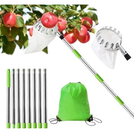 Apfelpflücker mit Teleskopstiel, 3,2m Obstpflücker mit 8 leichten Edelstahl-Teleskopstangen und 1 Baumwolltasche, Obstpflücker mit zum Ernten von Äpfeln, Zitrusfrüchten, Birnen
