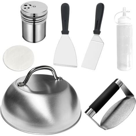 Aplatisseur à hamburgers et spatule métallique à hamburgers, restaurant de hamburgers, saupoudreur d'épices, papier ciré, flacon souple, plaque de cuisson