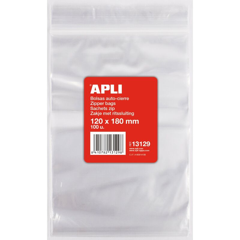 Confezione di 100 sacchetti di plastica richiudibili 120 x 180 mm - Apli