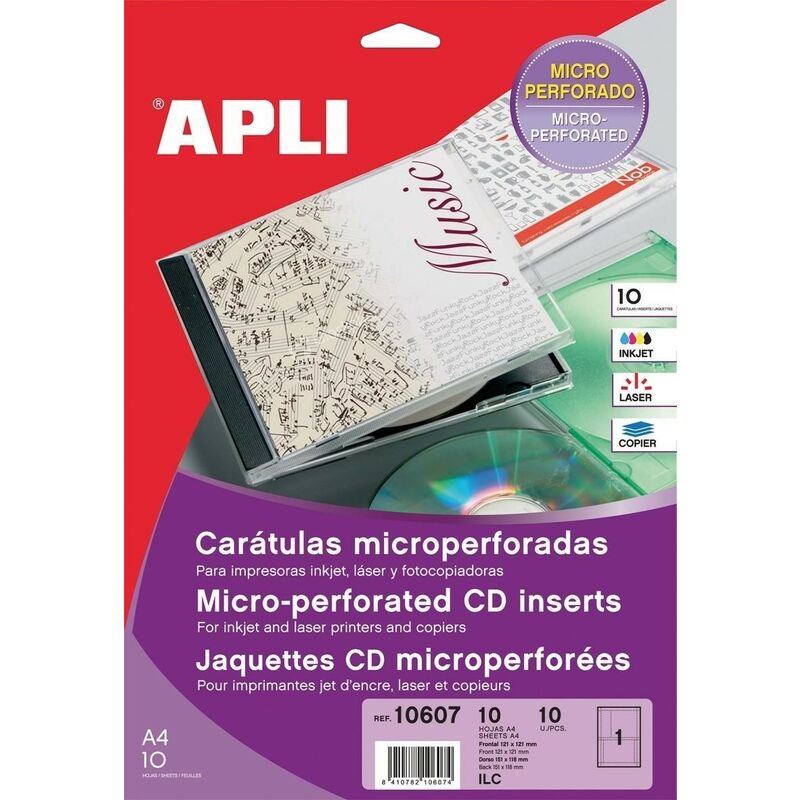 

Apli caratulas para cd-dvd microperforadas cartulina 200 gr 10h