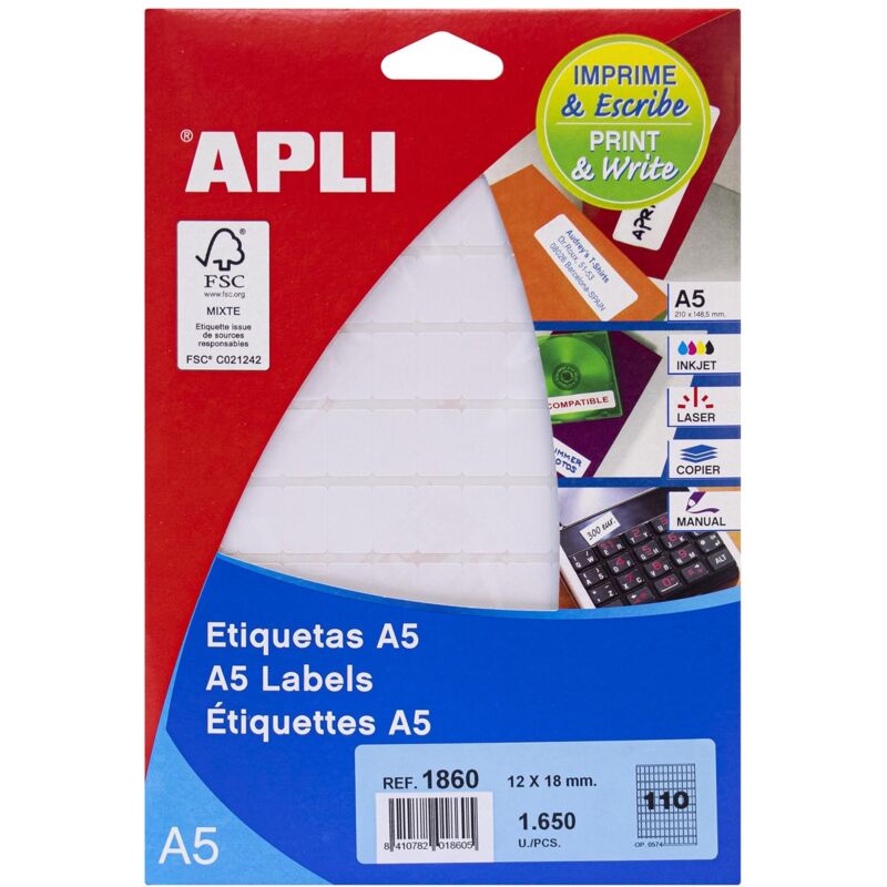Image of Apli etichette bianco 12 x 18 mm rettangolare 15 fogli