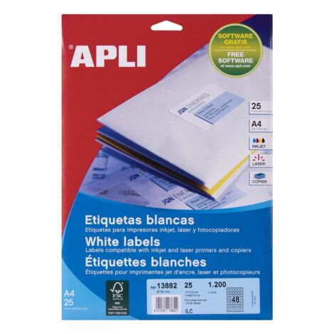 APLI ETIQUETAS BLANCO PARA INKJET, LÁSER Y FOTOCOPIADORAS / 30MM / CIRCULOS - 25 HOJAS-