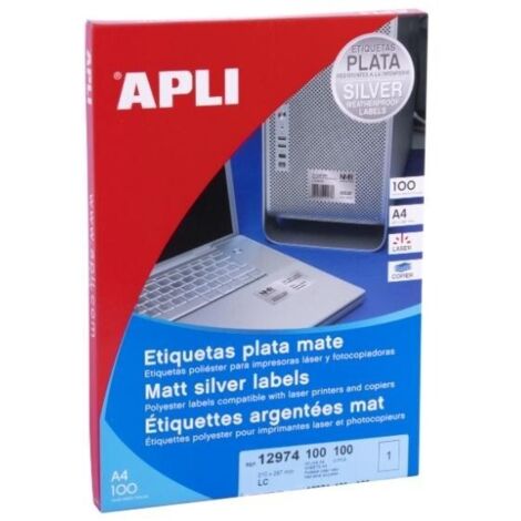 APLI ETIQUETAS METALIZADAS 210,0 X 297,0 MM CANTOS RECTOS PLATA - 100 HOJAS-