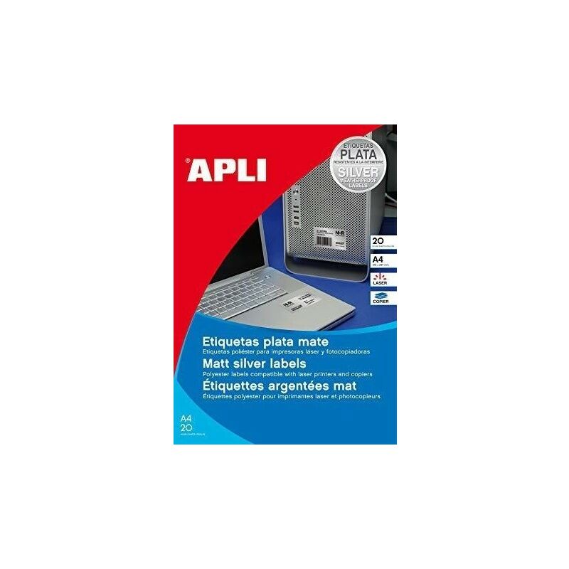 Image of Apli etichette in argento opaco per stampante laser a getto d'inchiostro e fotocopiatrici 457 x 212 mm bordi smussati - 20 fogli
