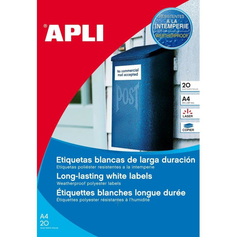 

Apli etiquetas poliester blanco para impresora laser y fotocopiadoras 991 x 677 mm cantos romos - 20 hojas-