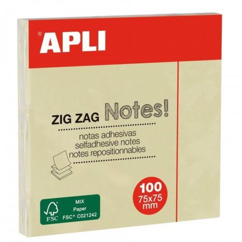 APLI NOTAS ADHESIVAS ZIGZAG CLASSIC 75X75MM BLOC 100H AMARILLO