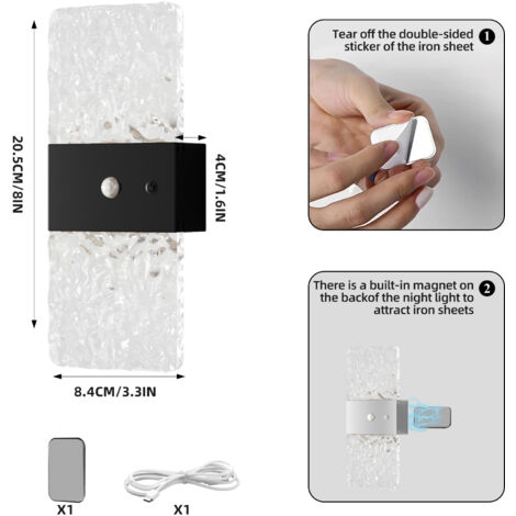 Aplique de pared, 1 unidad, recargable, funciona con batería, 1200 mAh, aplique de pared para interiores, apto para dormitorio y sala de estar, negro - estilo 1