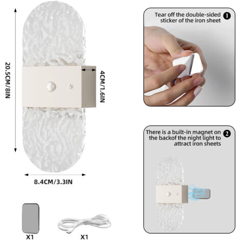 Aplique de pared, 1 unidad, recargable, funciona con pilas, 1200 mAh, aplique de interior, apto para dormitorio y salón, blanco - estilo 2