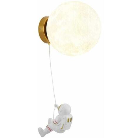 Aplique de pared con forma de luna para habitación infantil, diseño creativo de astronauta de dibujos animados, lámpara de mesilla de noche, lámpara LED tricolor, 15 cm de diámetro.