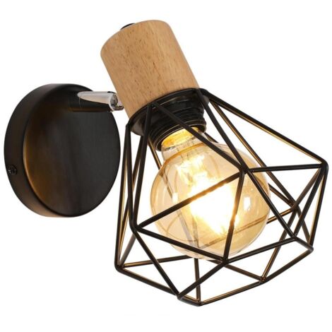 Aplique de pared de hierro regulable 110-220V, sin fuente de luz, estilo industrial vintage de madera giratoria 360°, jaula metálica negra para casquillo E27, lámpara decorativa para dormitorio, pasil