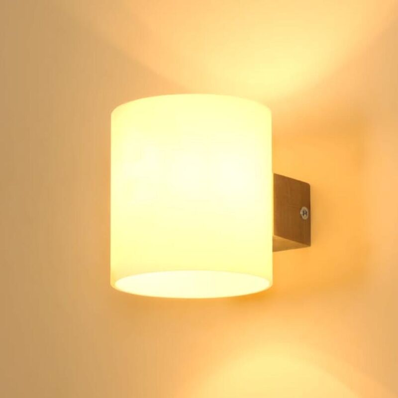 Aplique de pared de madera para interiores, lámpara de pared moderna E27 para dormitorio, pantalla de vidrio y bombilla tricolor de 12 W.