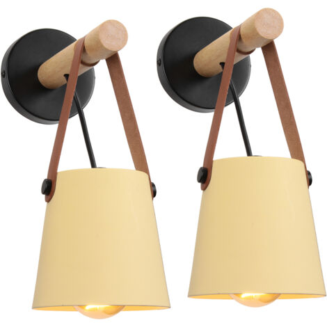 Aplique de Pared E27 Industrial Metal Madera, Abajur Suspendido con Cinturón para Dormitorio Salón Restaurantes Café Bar (2X Amarillo Claro)