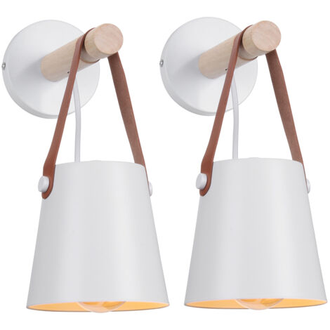Aplique de Pared E27 Industrial Metal Madera, Abajur Suspendido con Cinturón para Dormitorio Salón Restaurantes Café Bar (2x Blanco)