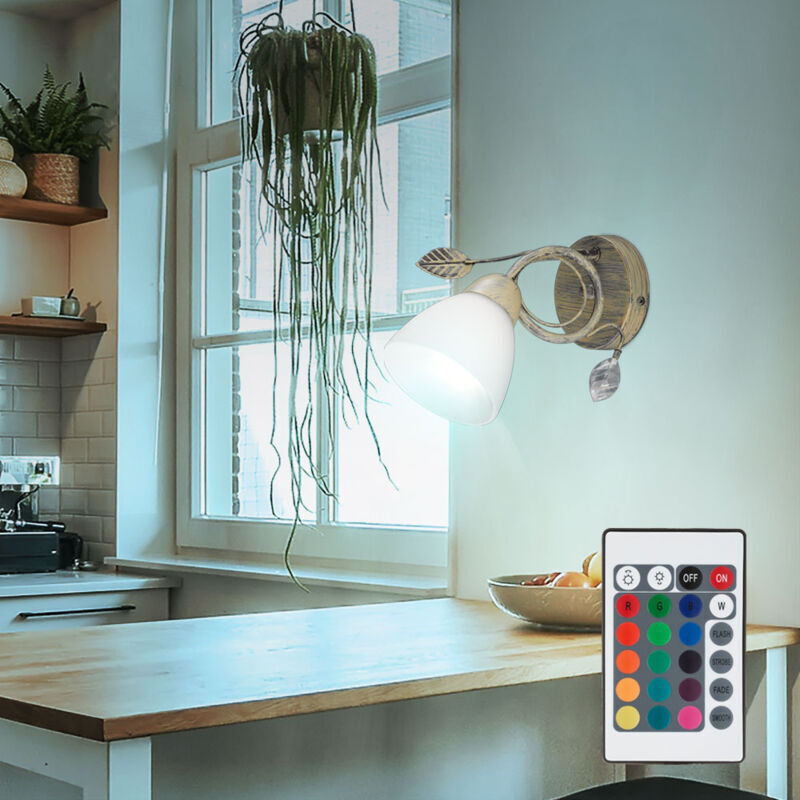 Aplique de pared estilo casa de campo gris con hojas antiguas y mando a distancia, en un conjunto que incluye LED RGB