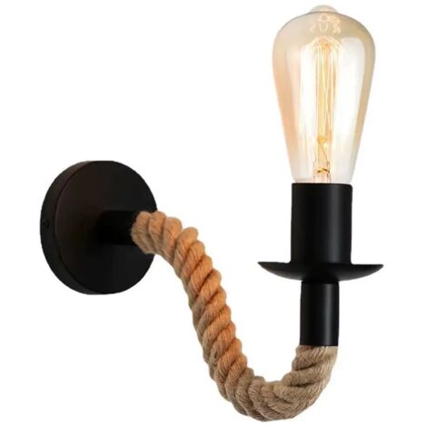 Aplique de pared industrial retro con cuerda de cáñamo, bombilla E27 (no incluida), 110/220 V, ideal para un restaurante, cafetería, bar o el hogar (negro).