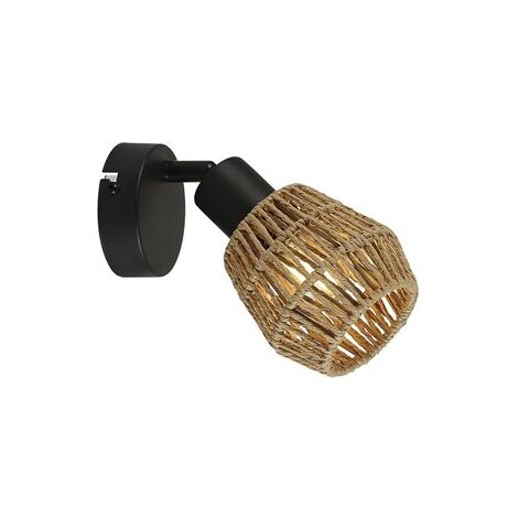 CRISTALRECORD Aplique de pared "Krabi" E27 220/240V IP20 15,6x9,5x17,4cm fabricada en metal y ratán color negro y beige