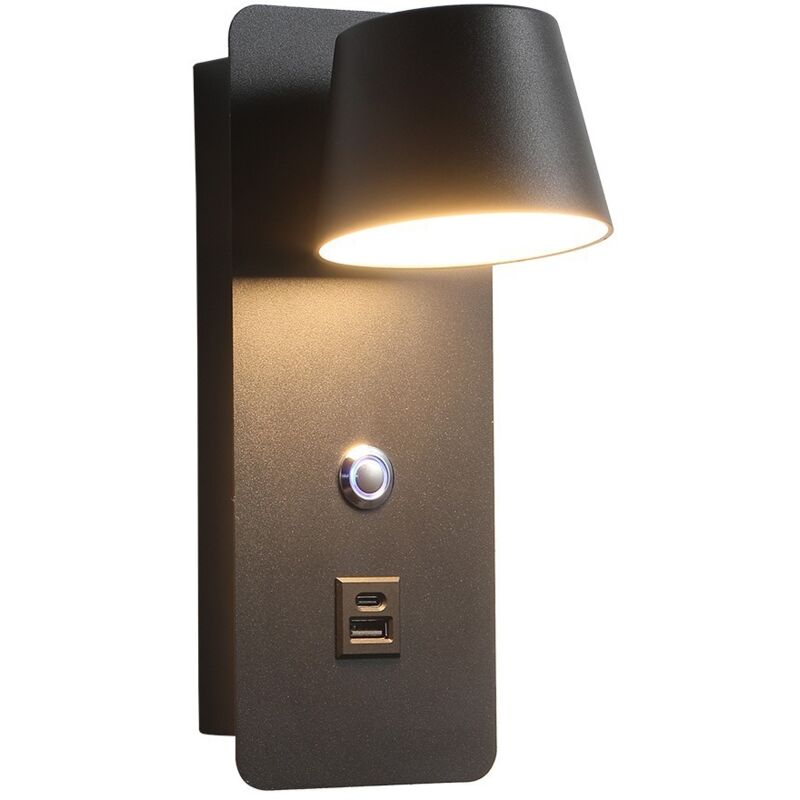 Aplique de pared LED giratorio, aplique de pared de lectura giratorio de metal con puerto de carga USB luz nocturna blanca cálida de 2700 K (negra).