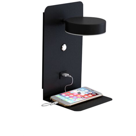 Aplique de pared LED para interiores con puerto de carga USB, control táctil con función de atenuación, color negro, 12 W.