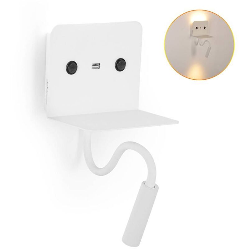 

Aplique de pared LED para lectura 'SLANGE' 3W orientable y base de carga USB | Blanco