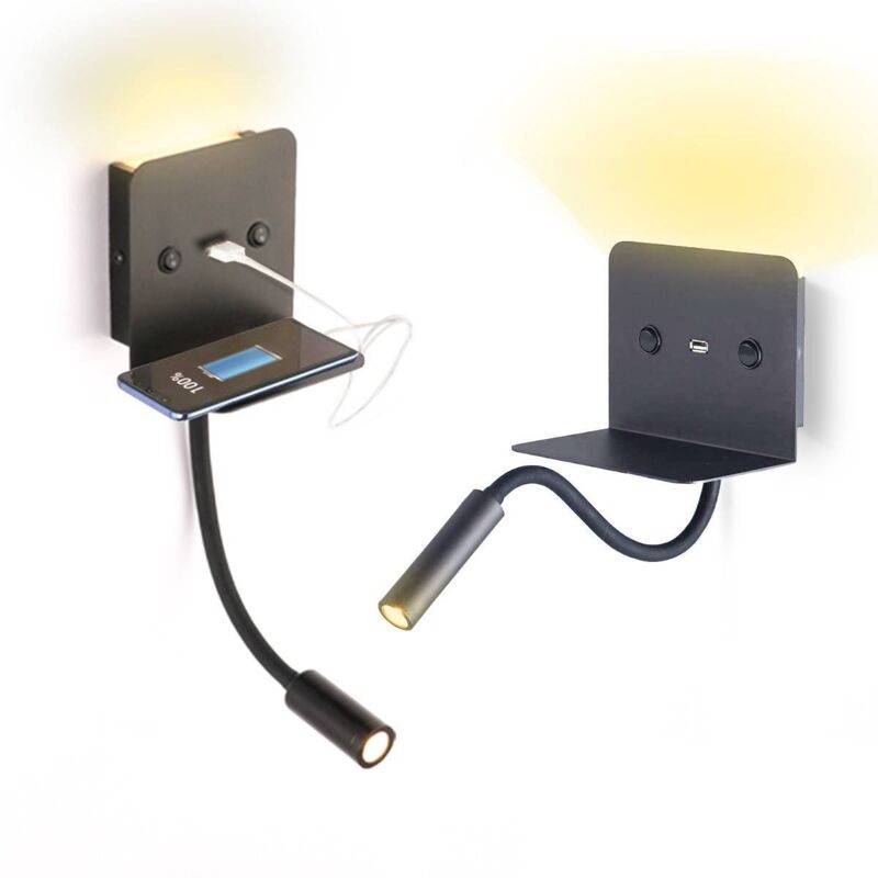 

Aplique de pared LED para lectura 'SLANGE' 3W orientable y base de carga USB | Negro