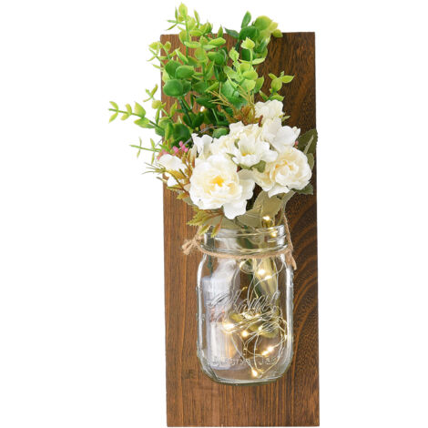 Aplique de pared LED rústico con tarros de cristal, madera y planta decorativa para el hogar, luz nocturna decorativa para salón, cocina y dormitorio con mando a distancia.
