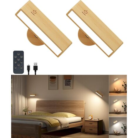 Aplique de pared para interiores con control remoto, lámpara de noche recargable para dormitorio, luz LED inalámbrica de madera, lámpara táctil para dormitorio con batería (2 unidades), color haya