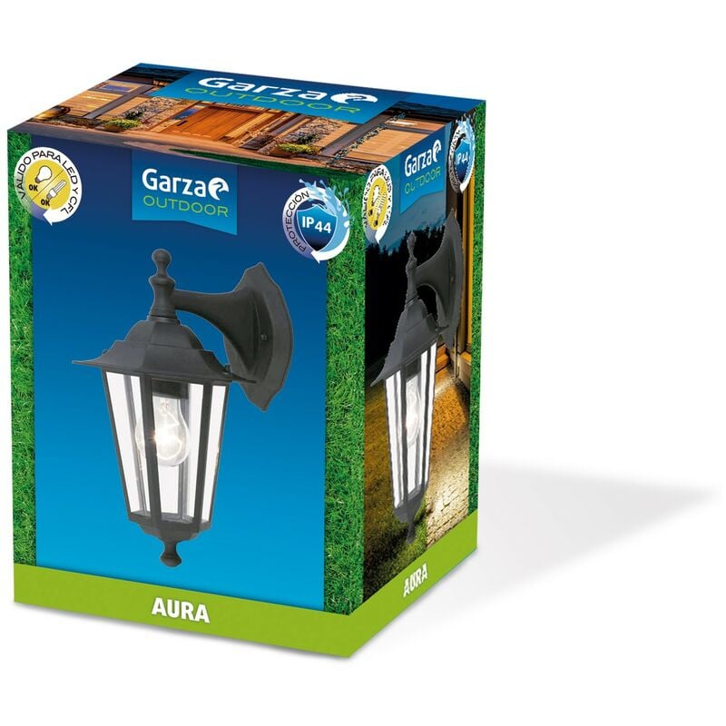 

Lighting Outdoor - Aplique Descendente AURA, Casquillo E27, Protección IP44 contra Polvo y Agua, Válido para LED y CFL, color Negro - Garza