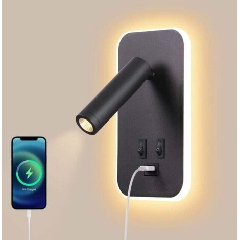 Aplique LED de pared, lámpara de lectura con interruptor, puerto de carga USB, iluminación ambiental para dormitorio, foco ajustable (3 W 3000 K + 9 W 6000 K), negro