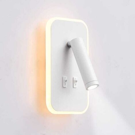 Aplique LED de pared, lámpara de mesilla de noche, lámpara de lectura, foco LED regulable de 12 W (luz cálida de 3 W + 9 W 3000 K) (rectángulo blanco)