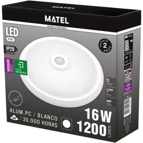 Aplique led redondo sensor ip20 matel emergencia 16w fría
