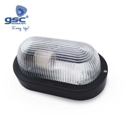 Aplique  ovalado de plástico con mateial aislante y difusor de vidrio,E27.Máx.60W.230V. IP44, Negro.