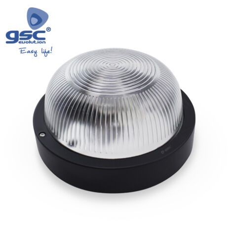 Aplique redondo de plástico con mateial aislante y difusor de vidrio,E27.Máx.60W.230V. IP44, negro.