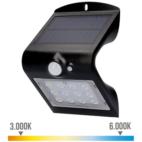 Aplique solar 1,5w 220lm recargable. sensor de presencia (2-6m) color negro 9,6x7,3x14cm edm