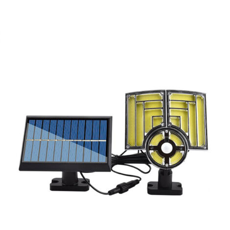 Aplique solar de pared de doble cabezal con detector de movimiento, ideal para exteriores: hogar, jardín, garaje y calle. Iluminación flexible y regulable. Batería de 1200 mAh.