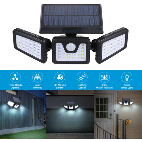 Aplique solar inalámbrico con sensor de movimiento PIR, 3 cabezales, 70 LED, luz nocturna IP65, resistente al agua, iluminación exterior segura para jardín, entrada de vehículos y porche.