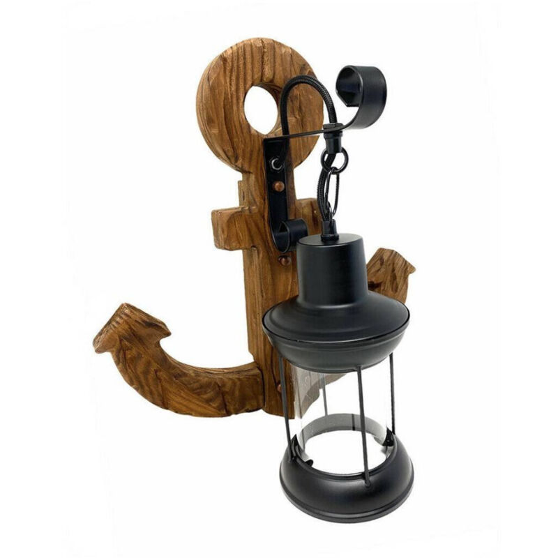 Trade Shop - Applique In Legno Con Base Ad Ancora Lanterna Country Lampada Industrial E27 E54 -