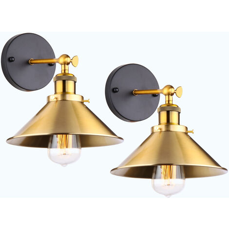 Apliques de Pared 2 Piezas, Vintage Lámpara de Pared con Ø22cm Pantalla de Hierro, Iluminación E27 Edison Luz Interior para Dormitorio Pasillo Cafe Loft (Oro)