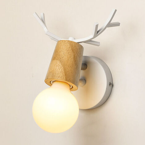 Apliques de Pared Interior, Moderno Lámpara de Pared de Hierro y Madera, Creativo Ciervo Cuerno Iluminación Art Decor E27 Base para Dormitorio Cocina Comedor Cafe (Blanco)