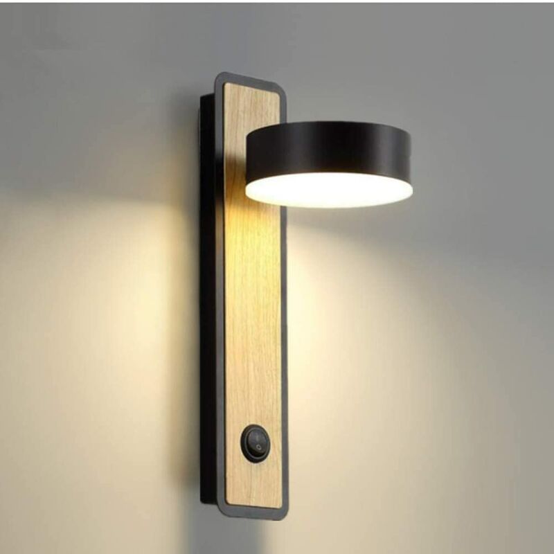

Apliques de pared LED negros, iluminación interior, lámpara de pared de madera para dormitorio, sala de estar, oficina, pasillo, giratorio 350 °