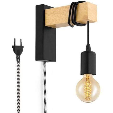 Apliques De Pared Madera "RUDER" - Con Interruptor Y Enchufe - - Negro