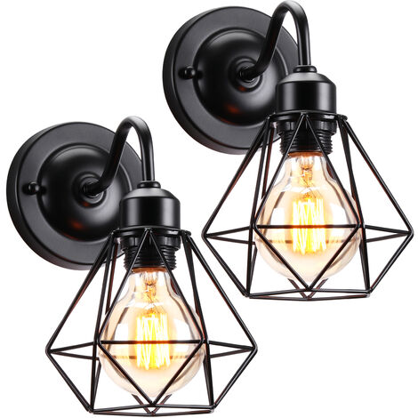 Apliques de Pared, Vintage Lámpara de Pared con Ø16cm Jaula de Diamante, Iluminación E27 Interior para Pasillo Escalera Dormitorio Negro 2 PCS