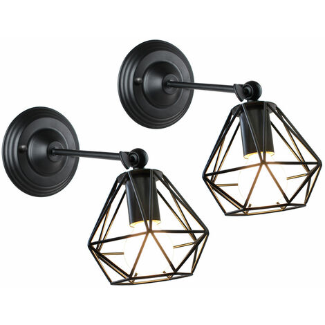 Apliques de Pared Vintage Lámpara de Pared de Jaula de Diamante, Interior Iluminación E27 para Pasillo Escalera Dormitorio Negro 2 Piezas