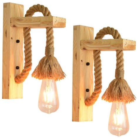 SDLOGAL Apliques de salón y entrada, Ultrixe Aplique Interior Madera Retro Lámparas de pared de cuerda de cáñamo para cafetería Hotel Restaurante, E27 2 piezas de luz incluidas