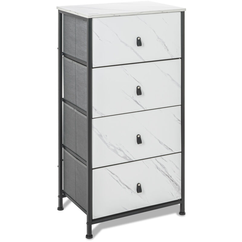 Apollonia - Commode 4 tiroirs en tissu, façade et tablette supérieure en bois mélaminé stratifié marbre clair
