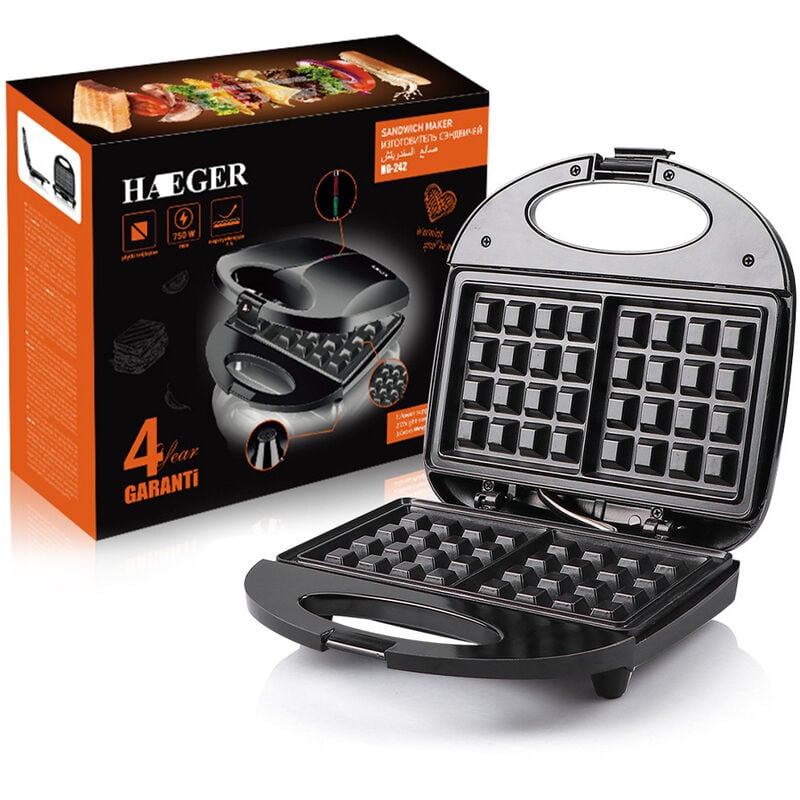 Appareil à Croque Monsieur 3 en 1, Grill, Gaufrier et Sandwich, Grande Puissance de 750W, 3 Plaques antiadhésives et interchangeables, Noir [Classe
