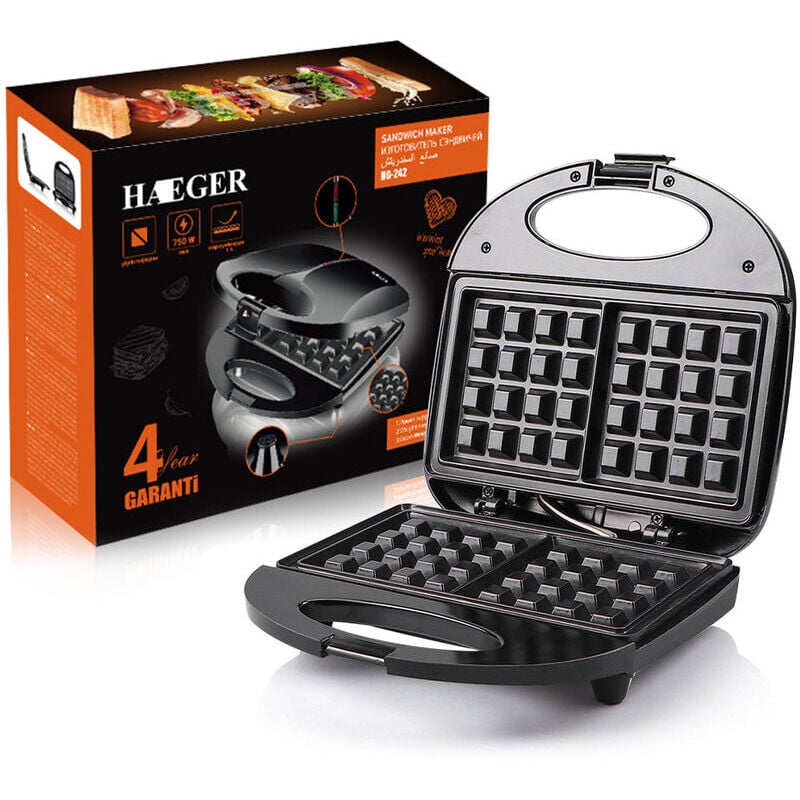 Appareil à Croque Monsieur 3 en 1, Grill, Gaufrier et Sandwich, Grande Puissance de 750W, 3 Plaques antiadhésives et interchangeables, Noir [Classe
